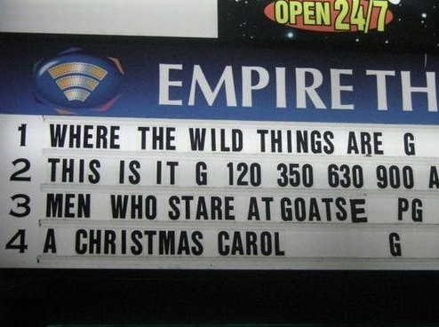 men who stare at goatse - Open 247 Empire Th 1 Where The Wild Things Are G 2 This Is It G 120 350 630 900 A 3 Men Who Stare At Goatse Pg 4 A Christmas Carol G