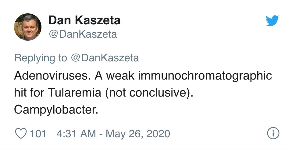 BTS - Dan Kaszeta Adenoviruses. A weak immunochromatographic hit for Tularemia not conclusive. Campylobacter. 101