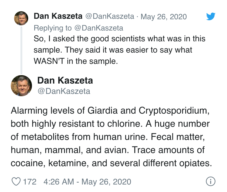 point - Dan Kaszeta So, I asked the good scientists what was in this sample. They said it was easier to say what Wasn'T in the sample. Dan Kaszeta Alarming levels of Giardia and Cryptosporidium, both highly resistant to chlorine. A huge number of metaboli