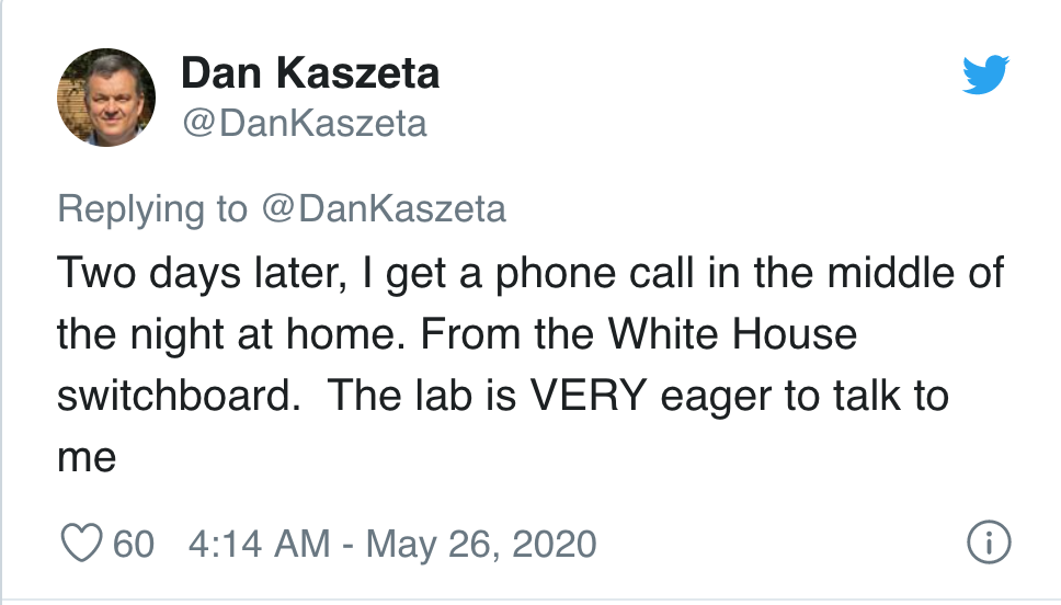 quotes - Dan Kaszeta Two days later, I get a phone call in the middle of the night at home. From the White House switchboard. The lab is Very eager to talk to me 60 0