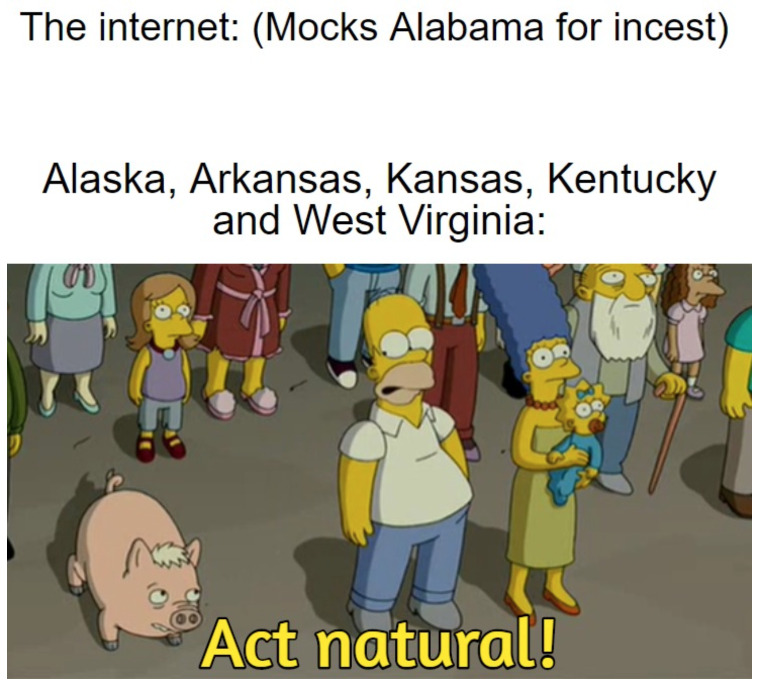 cartoon - The internet Mocks Alabama for incest Alaska, Arkansas, Kansas, Kentucky and West Virginia Act natural!