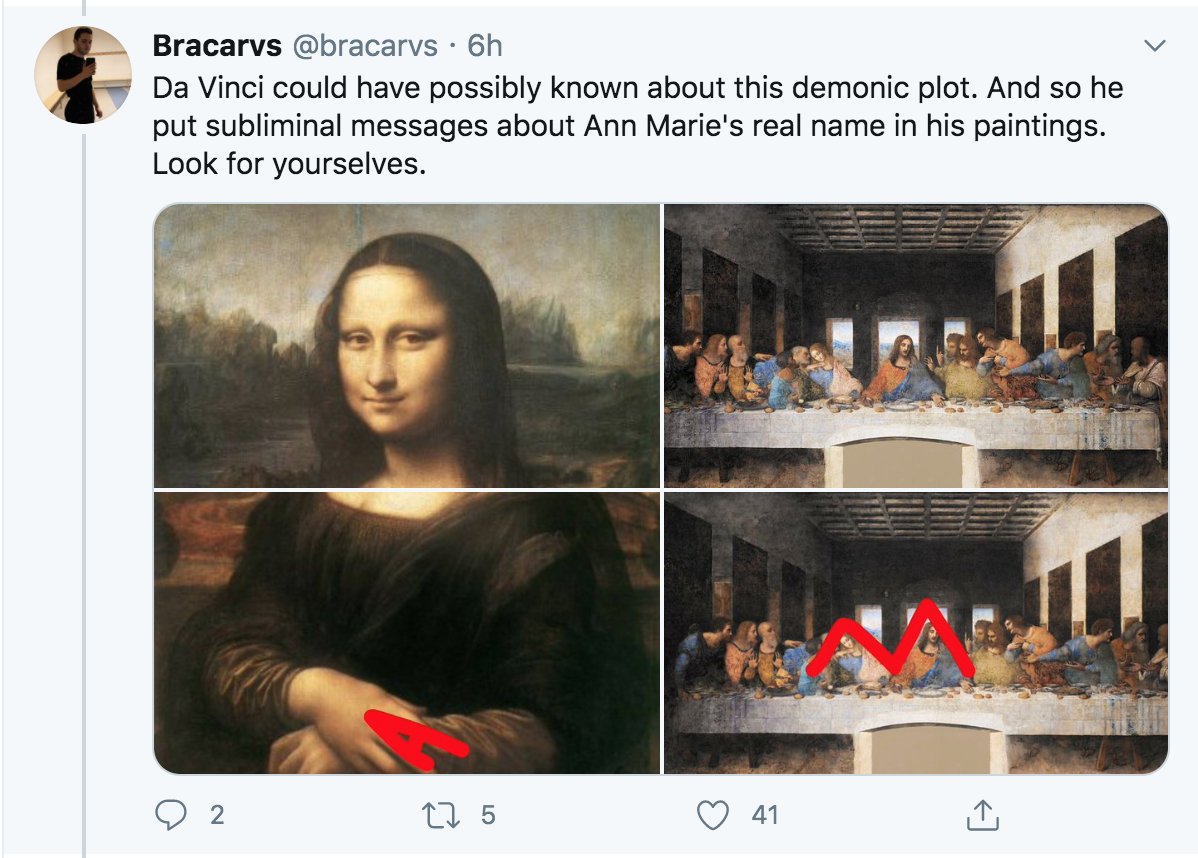 santa maria delle grazie - Bracarvs . 6h Da Vinci could have possibly known about this demonic plot. And so he put subliminal messages about Ann Marie's real name in his paintings. Look for yourselves. t25 N 41
