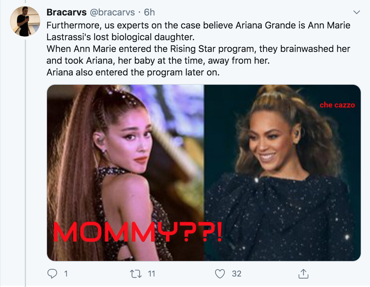 beauty - Bracarvs . 6h Furthermore, us experts on the case believe Ariana Grande is Ann Marie Lastrassi's lost biological daughter. When Ann Marie entered the Rising Star program, they brainwashed her and took Ariana, her baby at the time, away from her. 