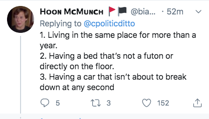 document - Hoon Mcmunch ... 52m 1. Living in the same place for more than a year. 2. Having a bed that's not a futon or directly on the floor. 3. Having a car that isn't about to break down at any second 5 12 3 152