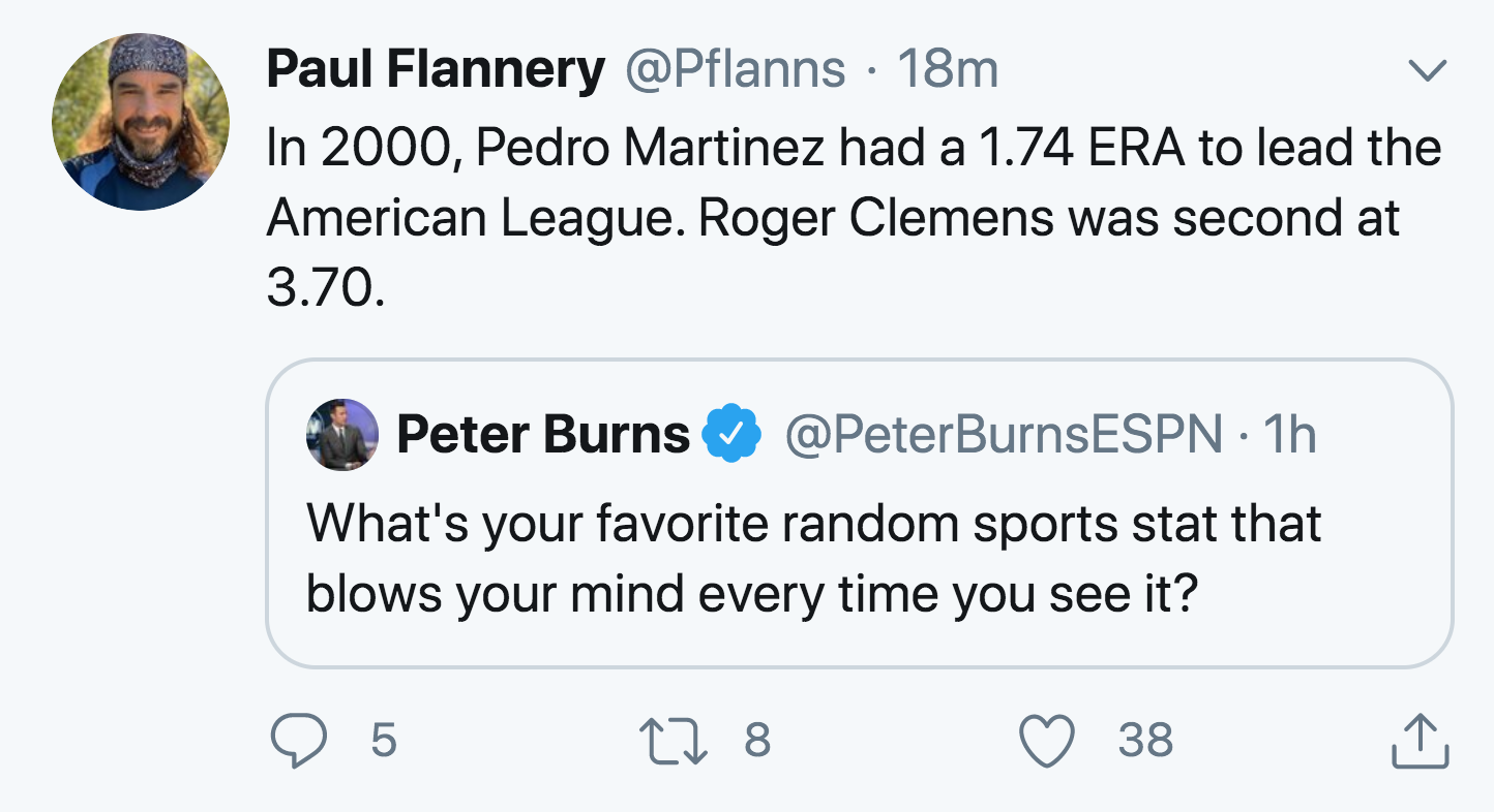 Paul Flannery 18m In 2000, Pedro Martinez had a 1.74 Era to lead the American League. Roger Clemens was second at 3.70. Peter Burns 1h What's your favorite random sports stat that blows your mind every time you see it? 5 22 8 38