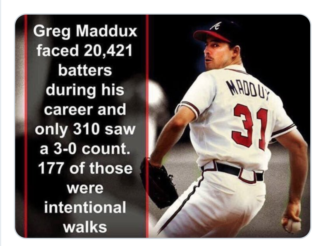 greg maddux stats - Ww Greg Maddux faced 20,421 batters during his career and only 310 saw a 30 count. 177 of those were intentional walks 31