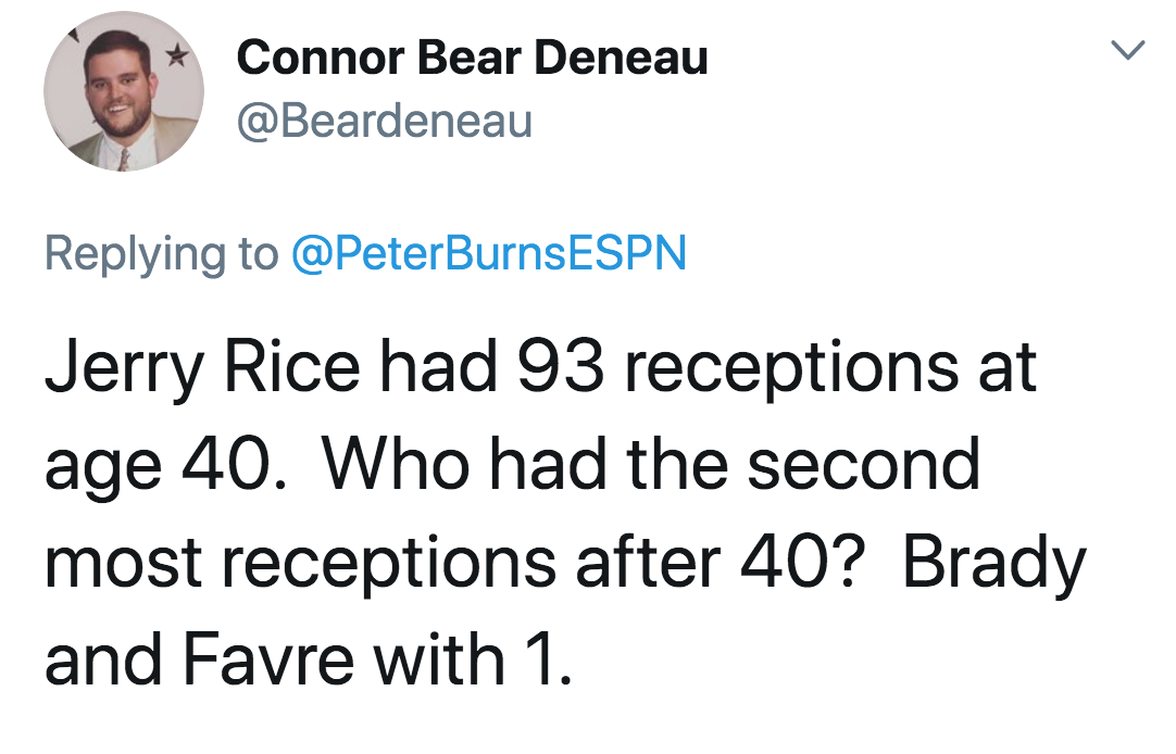 angle - v Connor Bear Deneau Jerry Rice had 93 receptions at age 40. Who had the second most receptions after 40? Brady and Favre with 1.