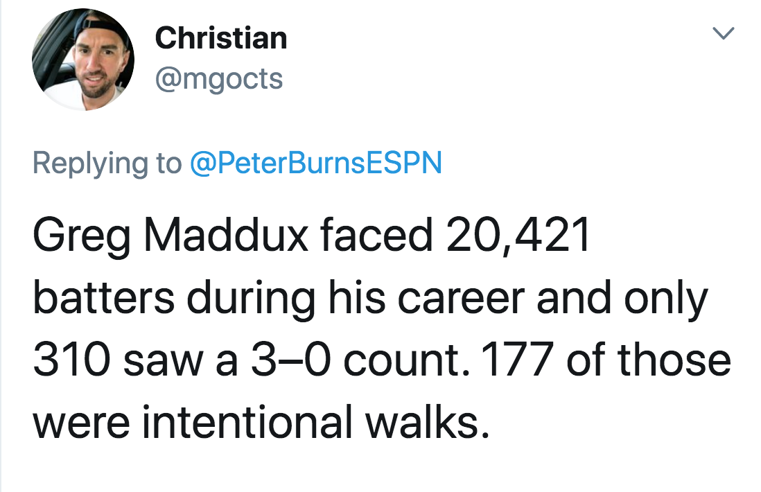 angle - Christian Greg Maddux faced 20,421 batters during his career and only 310 saw a 30 count. 177 of those were intentional walks.