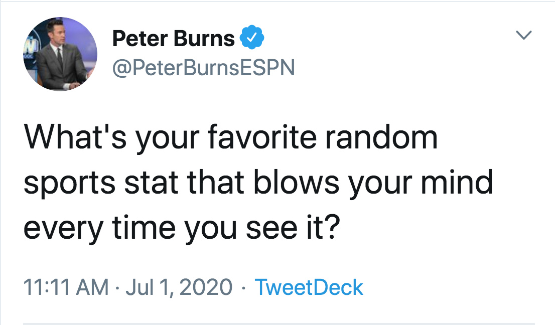 Peter Burns What's your favorite random sports stat that blows your mind every time you see it? TweetDeck