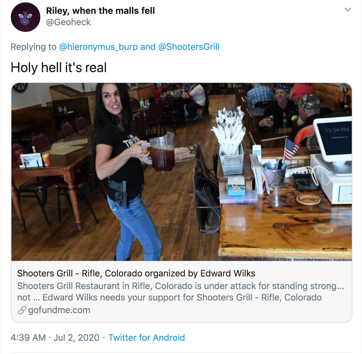 presentation - Riley, when the malls fell and Grill Holy hell it's real Shooters Grill Rifle, Colorado organized by Edward Wilks Shooters Grill Restaurant in Rifle, Colorado is under attack for standing strong... not... Edward Wilks needs your support for
