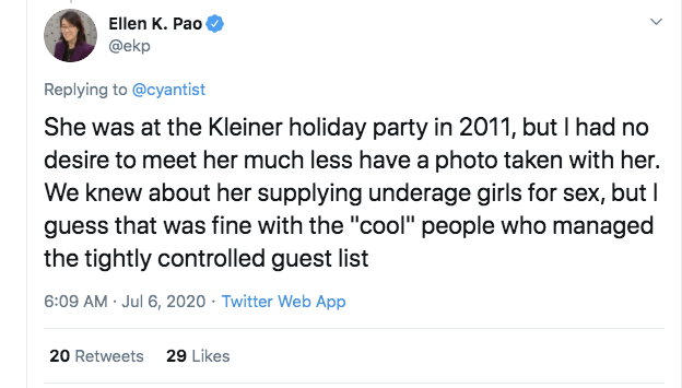 funny response to quarantine - Ellen K. Pao She was at the Kleiner holiday party in 2011, but I had no desire to meet her much less have a photo taken with her. We knew about her supplying underage girls for sex, but I guess that was fine with the "cool" 
