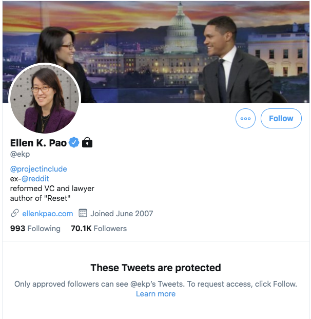 conversation - ooo Ellen K. Pao ex reformed Vc and lawyer author of "Reset" ellenkpao.com Joined 993 ing ers These Tweets are protected Only approved ers can see 's Tweets. To request access, click Learn more
