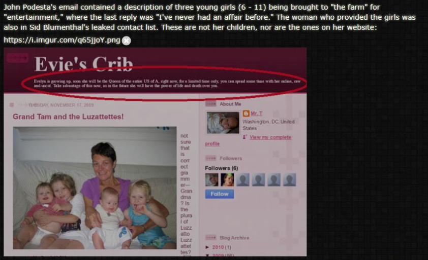 evies crib - John Podesta's email contained a description of three young girls 6 11 being brought to the farm