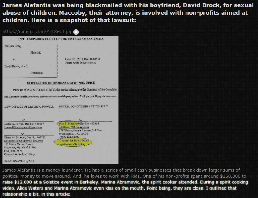 software - James Alefantis was being blackmailed with his boyfriend, David Brock, for sexual abuse of children. Maccoby, their attorney, is involved with nonprofits aimed at children. Here is a snapshot of that lawsuit In The Superior Court Of The Bestric