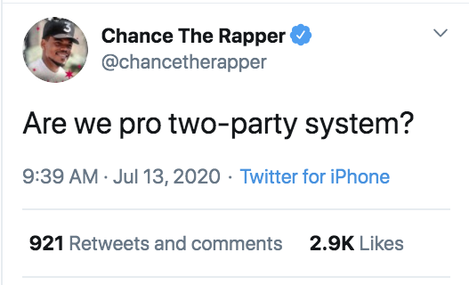 organization - Chance The Rapper Are we pro twoparty system? Twitter for iPhone 921 and
