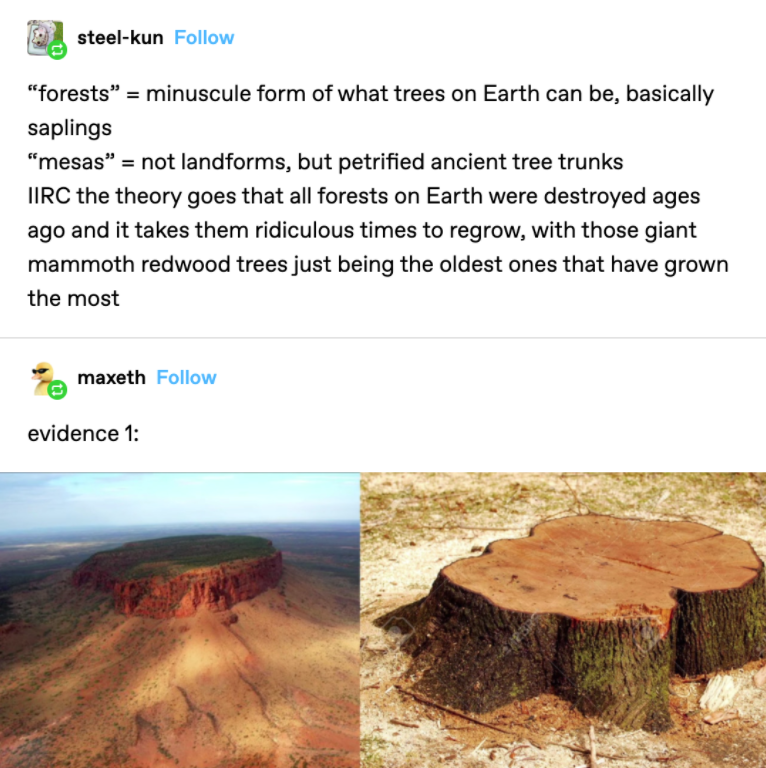 there are no trees theory - steelkun "forests" minuscule form of what trees on Earth can be, basically saplings "mesas" not landforms, but petrified ancient tree trunks Hirc the theory goes that all forests on Earth were destroyed ages ago and it takes th