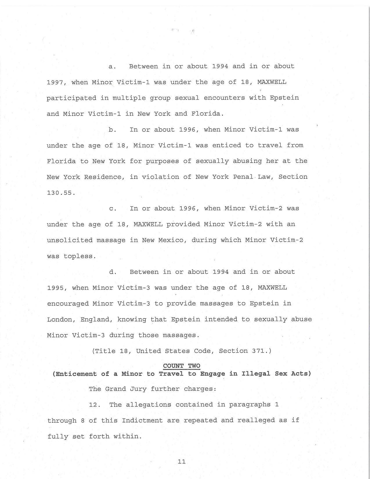 The United States vs Ghislaine Maxwell - Between in or about 1994 and in or about 1997, when Minor Victim1 was under the age of 18, Maxwell participated in multiple group sexual encounters with Epstein and Minor Victim1 in New York and Florida. b. In or a