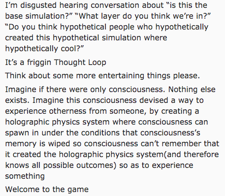 angle - I'm disgusted hearing conversation about "is this the base simulation?" "What layer do you think we're in?" "Do you think hypothetical people who hypothetically created this hypothetical simulation where hypothetically cool?" It's a friggin Though