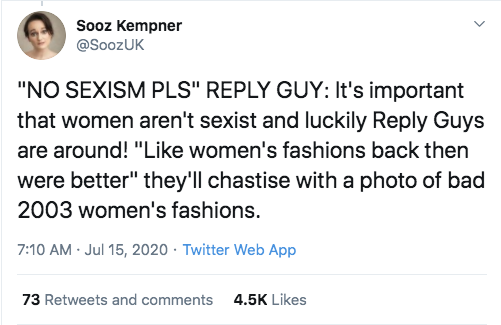 donald trump saudi arabia tweet - Sooz Kempner "No Sexism Pls" Guy It's important that women aren't sexist and luckily Guys are around! " women's fashions back then were better" they'll chastise with a photo of bad 2003 women's fashions. Twitter Web App 7