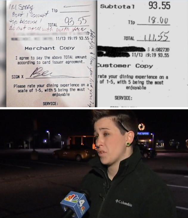 Dayna Morales, a New Jersey waitress, was fired from her position at Gallop Asian Bistro after she posted an image to Facebook of a check received from a customer with an anti-gay message instead of a tip. After an initial outpouring of support, confusion arose when the alleged customers produced their receipt which included a tip. Some allege that Ms. Morales altered the receipt.