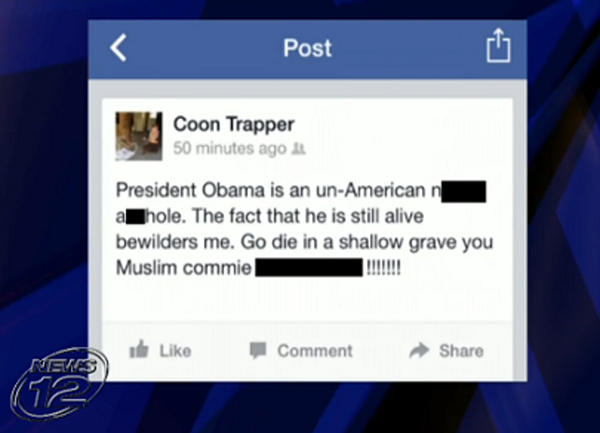 New York Cop Peter Burns, who operates a Facebook profile by the name of “Coon Trapper” was suspended after posting this racist, obscenity-laced rant about President Obama on his Facebook page. But The Board of Trustees for the Village of Pleasantville, N.Y., decided the blurb was enough to get him suspended but not fired.