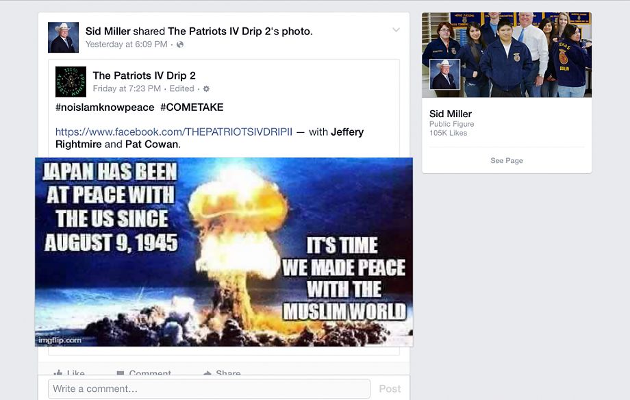 sid miller facebook page - Sid Miller d The Patriots Iv Drip 2's photo. Yesterday at The Patriots Iv Drip 2 Friday at Edited. Sid Miller Public Figure with Jeffery Rightmire and Pat Cowan. See Page Iapan Has Been At Peace With The Us Since Its Time We Mad