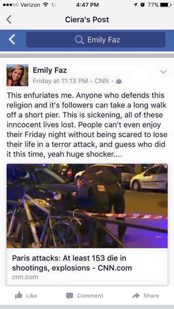screenshot - ...00 Verizon 10 77% Ciera's Post Q Emily Faz Emily Faz Friday at . Cnn This enfuriates me. Anyone who defends this religion and it's ers can take a long walk off a short pier. This is sickening, all of these inncocent lives lost. People can'