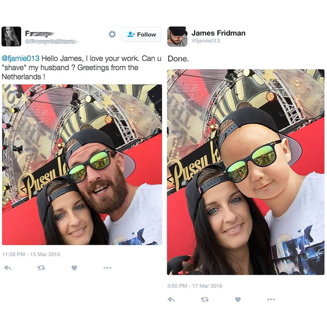 james photoshop - F James Fridman Hello James, I love your work. Can u Done. "shave" my husband ? Greetings from the Netherlands! Missil Pissu