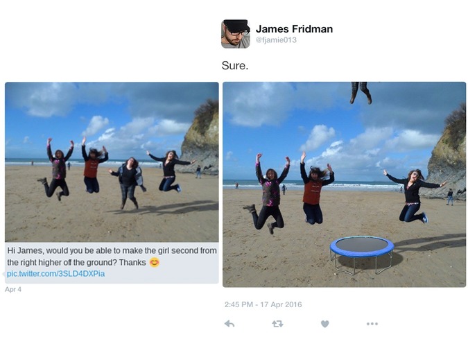 photoshop help - James Fridman Sure. Hi James, would you be able to make the girl second from the right higher off the ground? Thanks pic.twitter.com3SLD4DXPia Apr 4