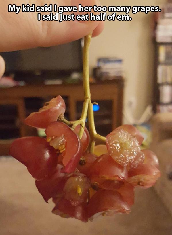 kids who took instructions way too far - My kid said I gave her too many grapes. I said just eat half of em.