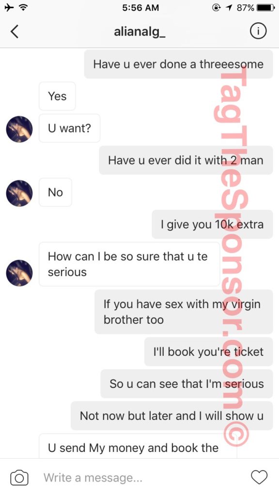 virgin instagram model - @ 1 87% alianalg. Have u ever done a threeesome Yes U want? TagTiles Have u ever did it with 2 man No I give you 10k extra How can I be so sure that u te serious If you have sex with my virgin brother too I'll book you're ticket S