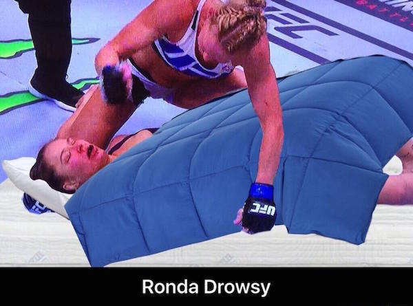 Brutal meme of Ronda Drowsy, being put to sleep with blanket on the fighting mats