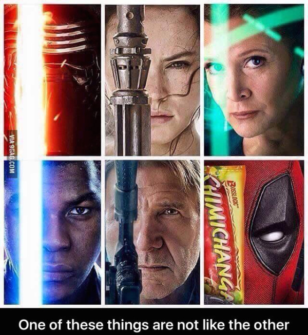 Meme of all Star War Characters and one doesn't belong and it is Deadpool with a candybar
