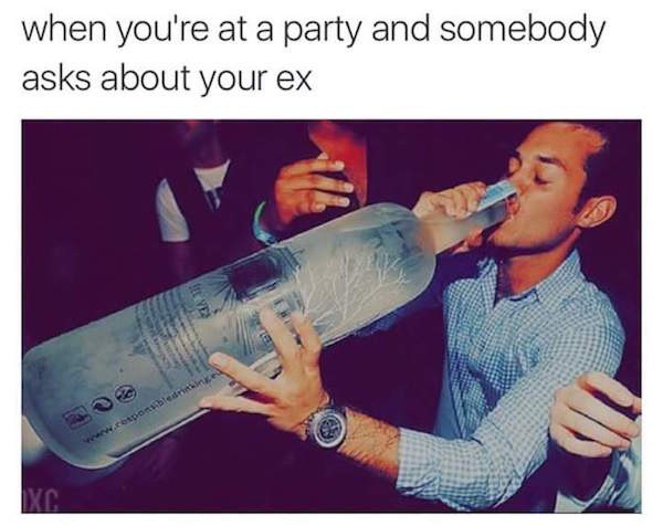 Funny meme about drinking a huge bottle as reaction to how it feels when someone at a party asks you about your ex.
