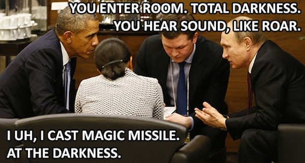 Hilarious meme of Obama and Putin meeting and caption jokes that they are playing Dungeons and Dragons.
