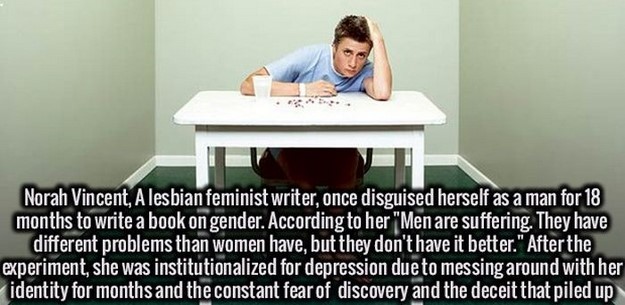 table - Norah Vincent, A lesbian feminist writer, once disguised herself as a man for 18 months to write a book on gender. According to her "Men are suffering. They have different problems than women have, but they don't have it better." After the experim