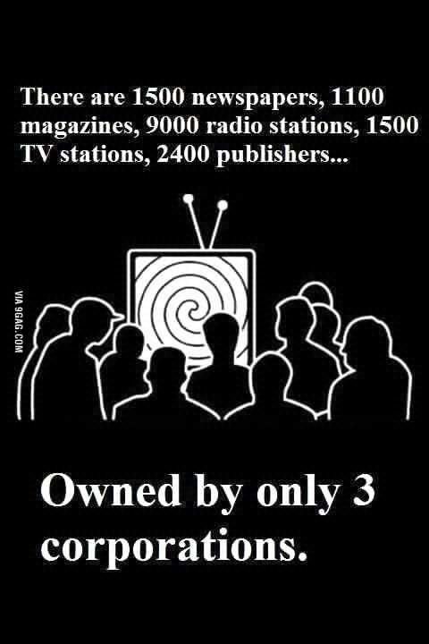 média manipulation meme - There are 1500 newspapers, 1100 magazines, 9000 radio stations, 1500 Tv stations, 2400 publishers... Via 9GAG.Com Owned by only 3 corporations.