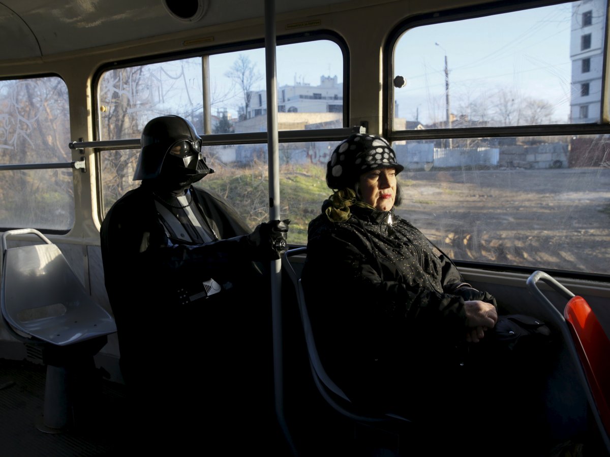 Vader using public transportation, who would have guessed the creator of the Death Star would be worried about his carbon foot-print.