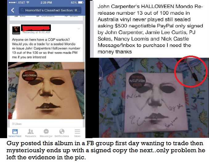 Guy tried to rip off people in a horror group recently by claiming to have highly desired autographs of people in the Halloween film community. Sadly his own photos are the evidence against him as he left the sharpie in the picture, and to top it off the autos are done crappy.