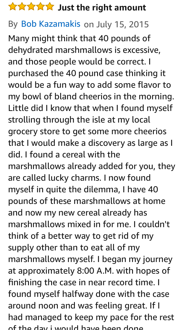 Amazon Customer Reviews For Their Purchase of 40 Pounds Of Marshmallows