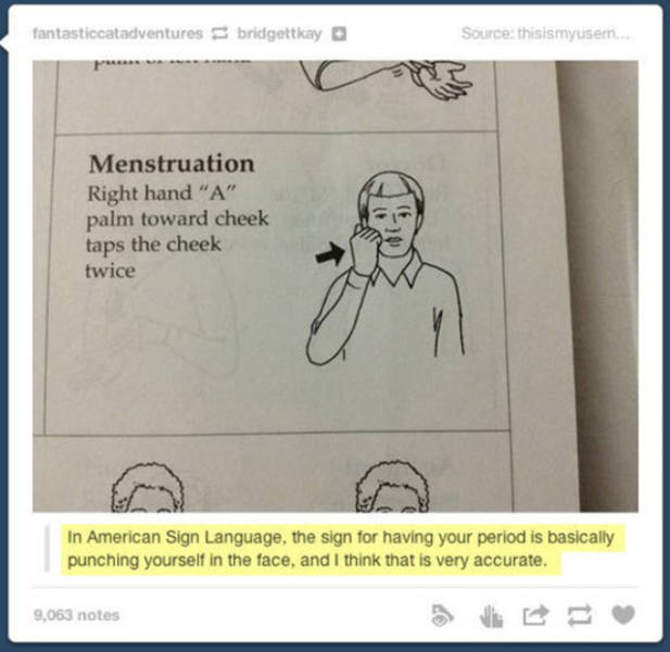 human - fantasticcatadventures bridgettkay Source thisismyusem.. Menstruation Right hand "A" palm toward cheek taps the cheek twice In American Sign Language, the sign for having your period is basically punching yourself in the face, and I think that is 