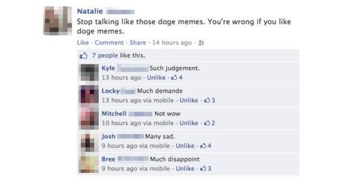 stupid girl facebook posts - Natalie Stop talking those doge memes. You're wrong if you doge memes. Comment . 14 hours ago 7 people this. Such judgement. 13 hours ago Un 34 Locky Much demande 13 hours ago via mobile. Un 3 Mitchell Not wow 10 hours ago via
