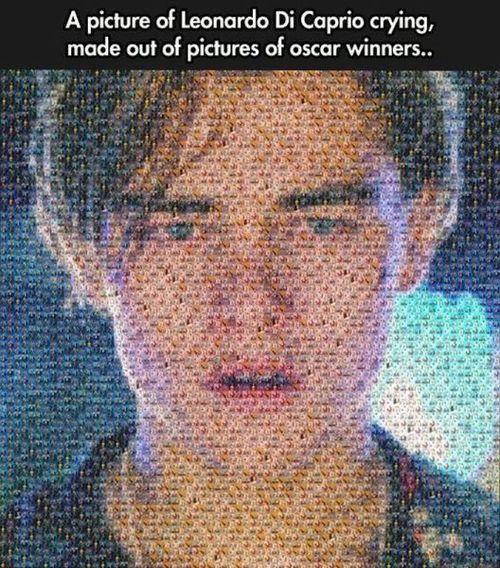 leonardo dicaprio made of oscar winners - A picture of Leonardo Di Caprio crying, made out of pictures of oscar winners..