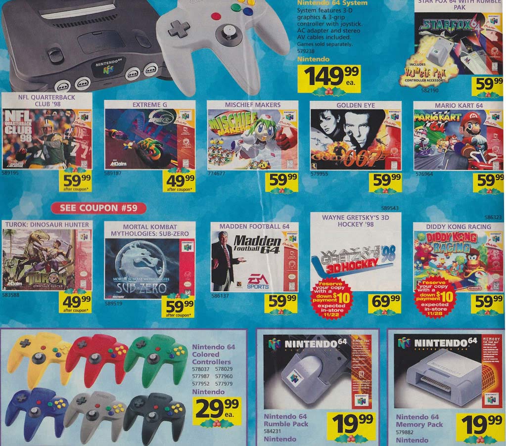 nostalgic n64 game ads - Star Pua 04 With Ruivible Pak Nintendo 64 System System features 3D graphics & 3grip controller with joystick Ac adapter and stereo Av cables included Games sold separately. 579238 Nintendo Starfox Nintendo Includes 14999 Controll