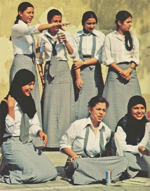 Dar al-hannan schools girls taking a break in Jeddah, Saudi Arabia in 1980. The religious restrictions on women worked itself into government and eventually into law in the decade to come, changing Saudi Arabian women to the heavily covered look most of us recognize today.