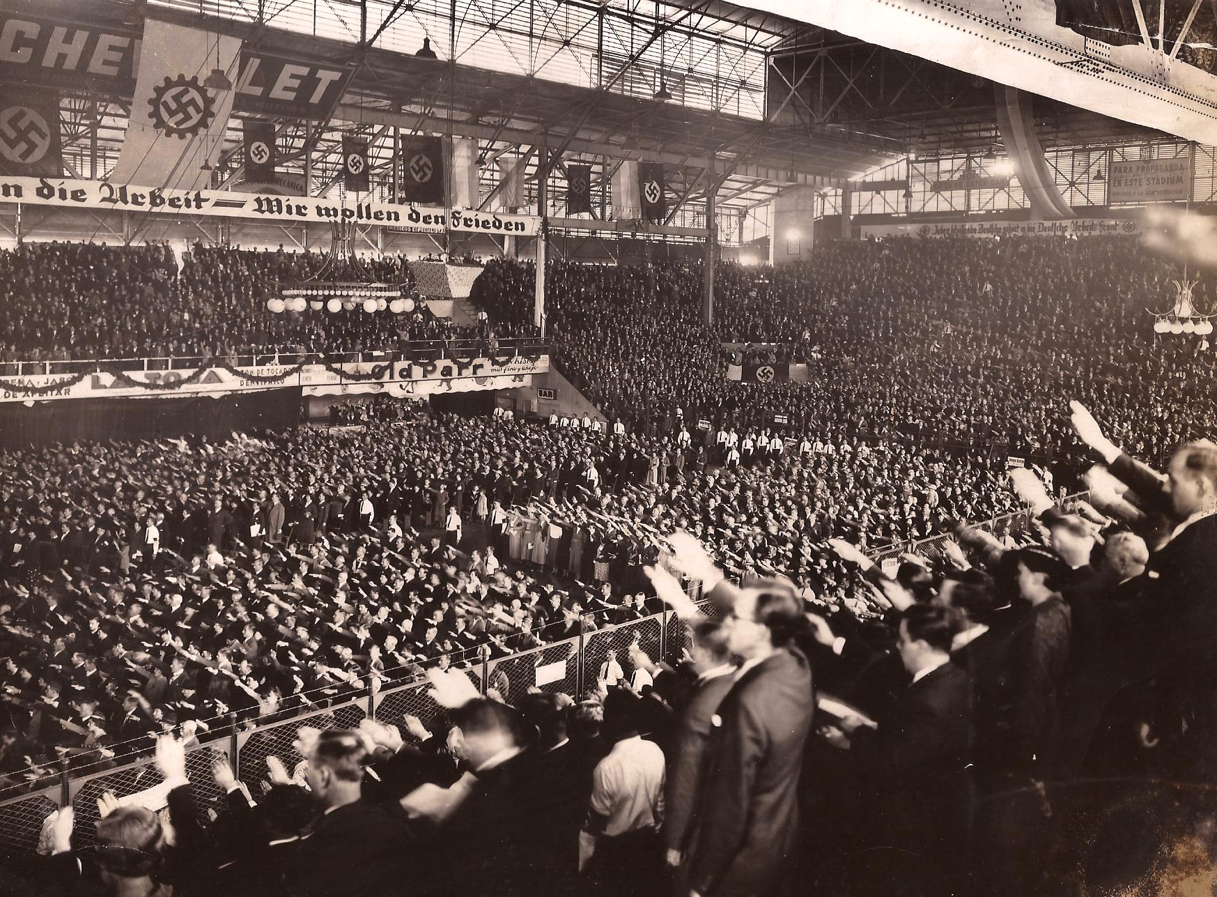 A stadium hosts 20,000 supporters during a Nazi rally in Buenos Aires, Argentina in 1938. Surprisingly, rallies such as this took place in many countries before WWII began, including Argentina, the UK and the US.