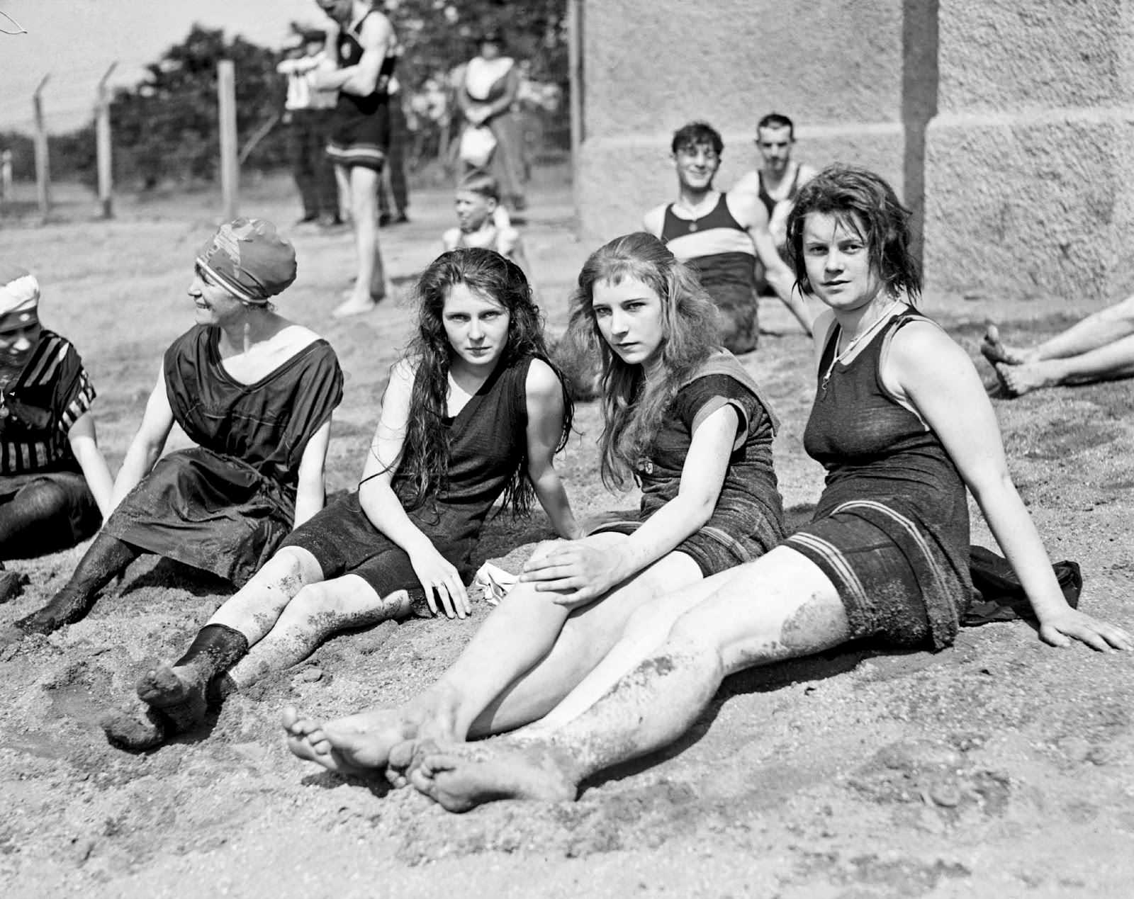 People wearing what was at the time normal swimwear while at the beach in New Jersey, US, in the 1920s.