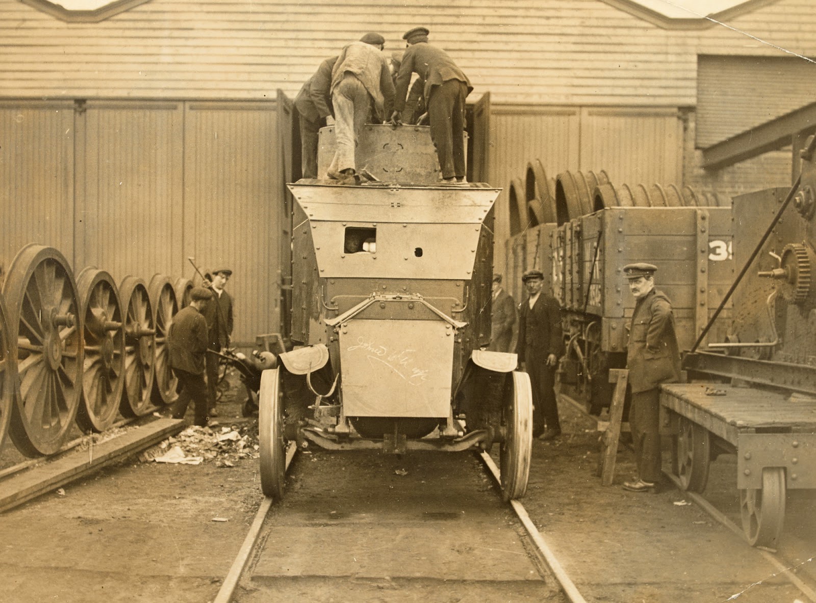 A British armored vehicle being made in 1919.