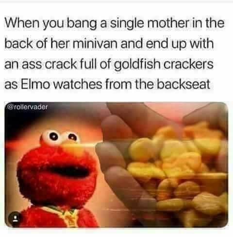 kid cudi hums meme - When you bang a single mother in the back of her minivan and end up with an ass crack full of goldfish crackers as Elmo watches from the backseat rollervader