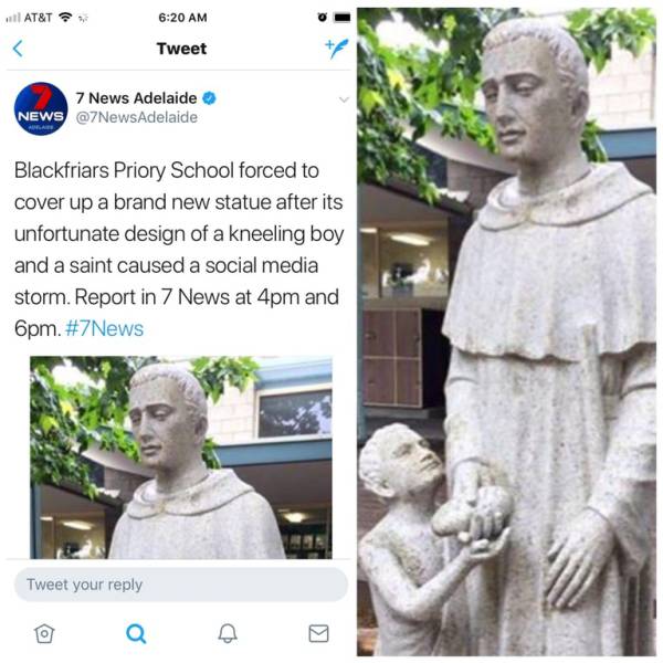 australian catholic church statue - At&T Tweet 7 News Adelaide News Blackfriars Priory School forced to cover up a brand new statue after its unfortunate design of a kneeling boy and a saint caused a social media storm. Report in 7 News at 4pm and 6pm. Tw